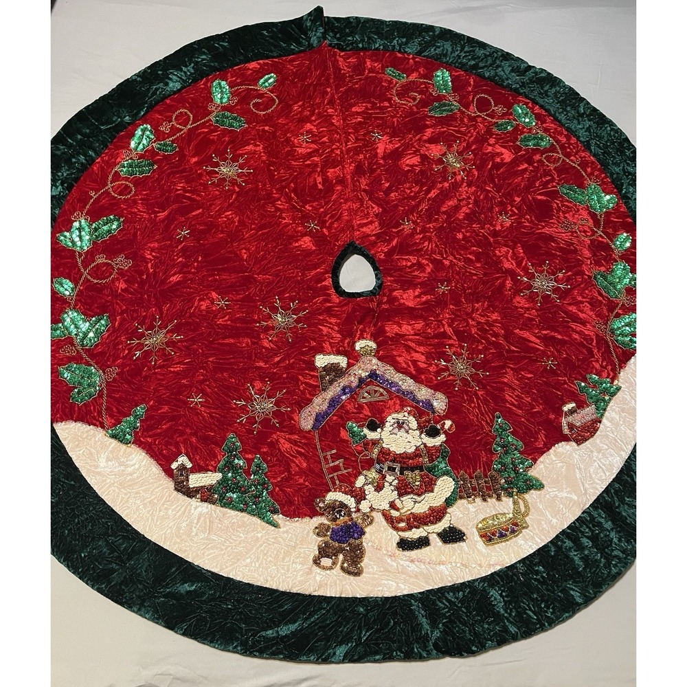 Vintage Christmas Tree Skirt Santa Sequins Beads Red Green 46.5" Velvet